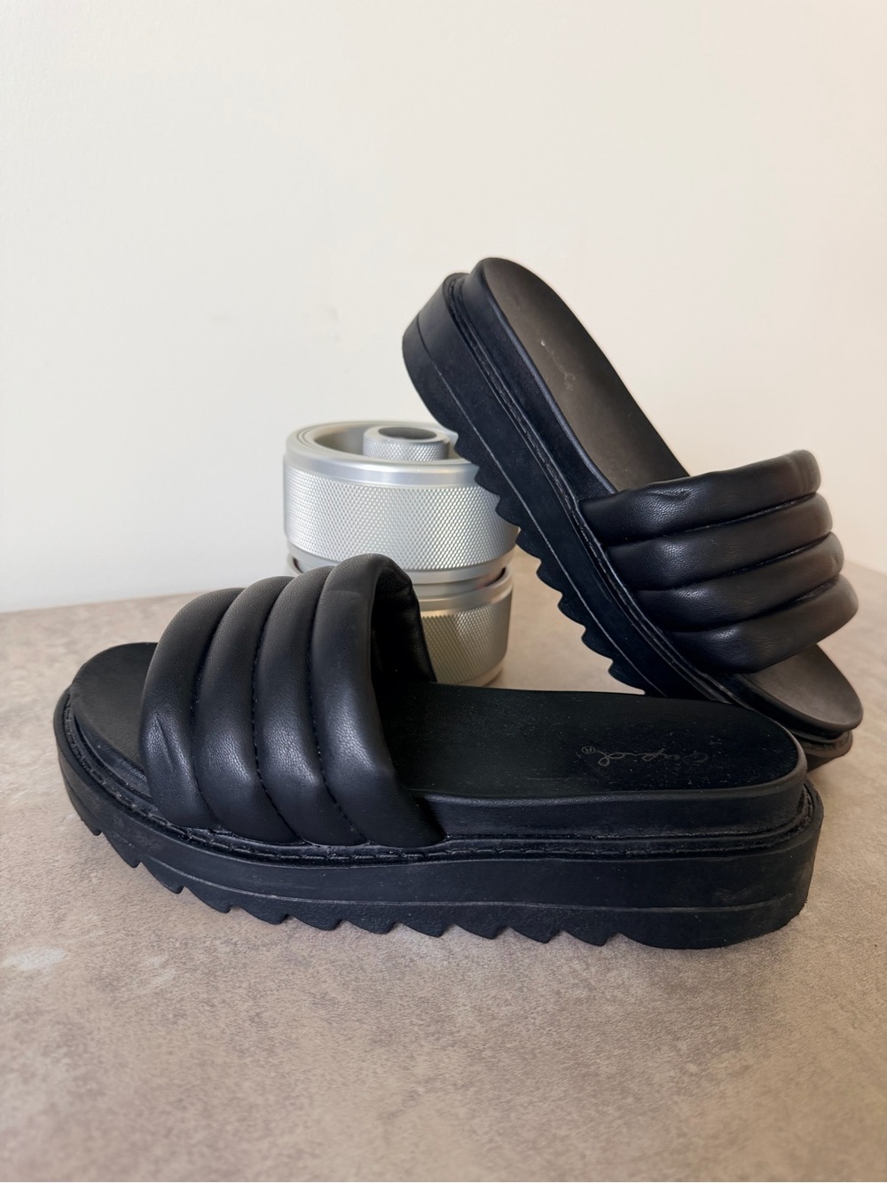 Qupid Black Quilted Slide Platform Sandals